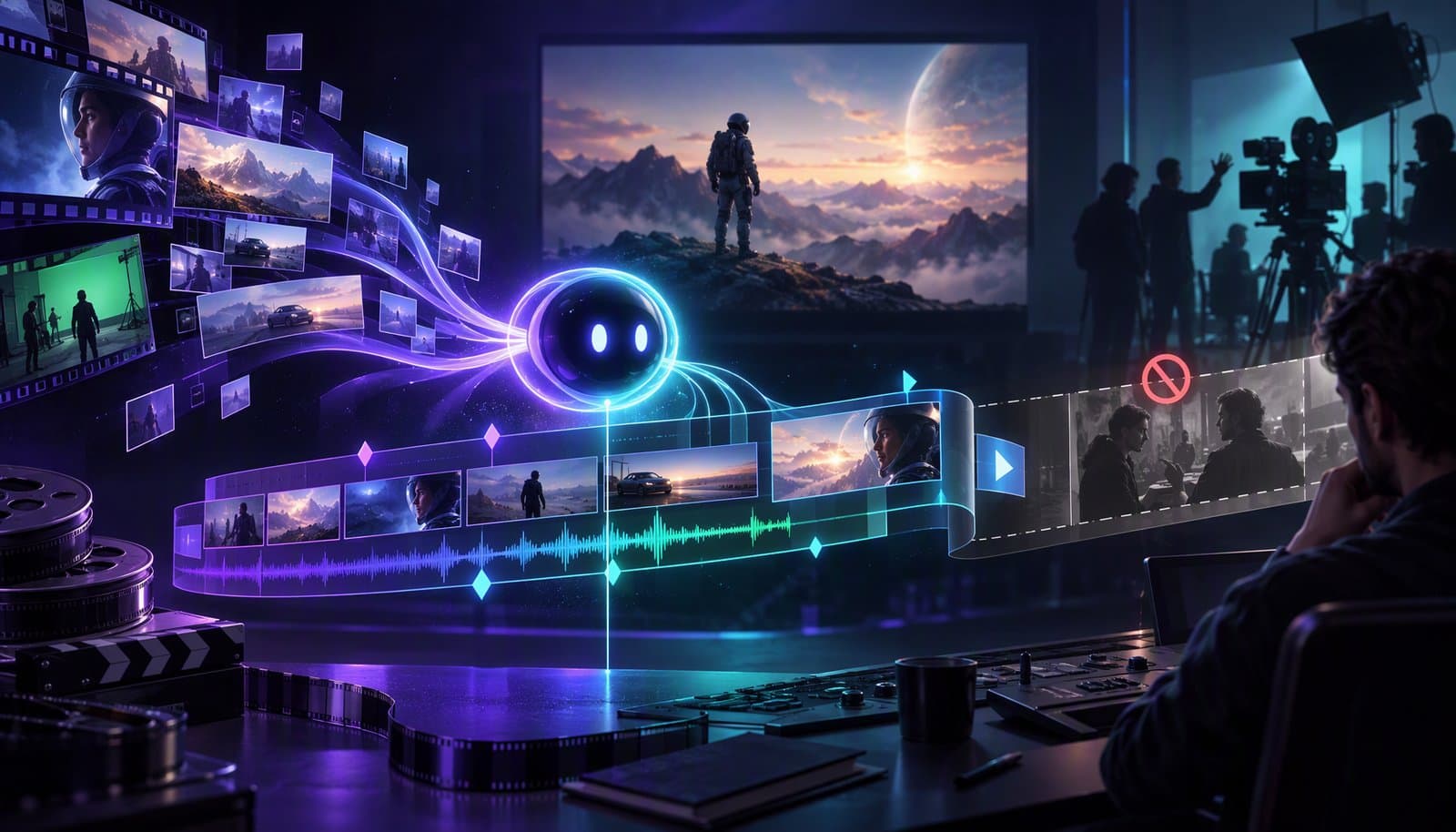 Editorial illustration for AI Movie Editing in 2026: How AI Is Used in Film Post-Production (and Where It Isn't)