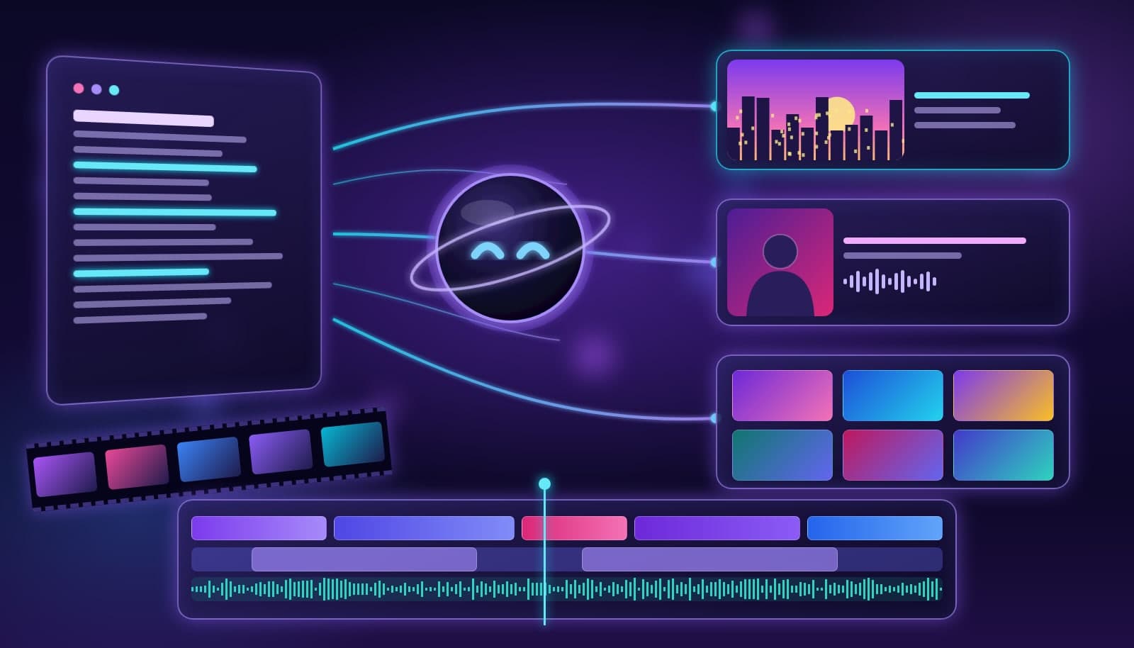 Illustration of a written script flowing into video frames, representing AI script-to-video and text-to-video tools
