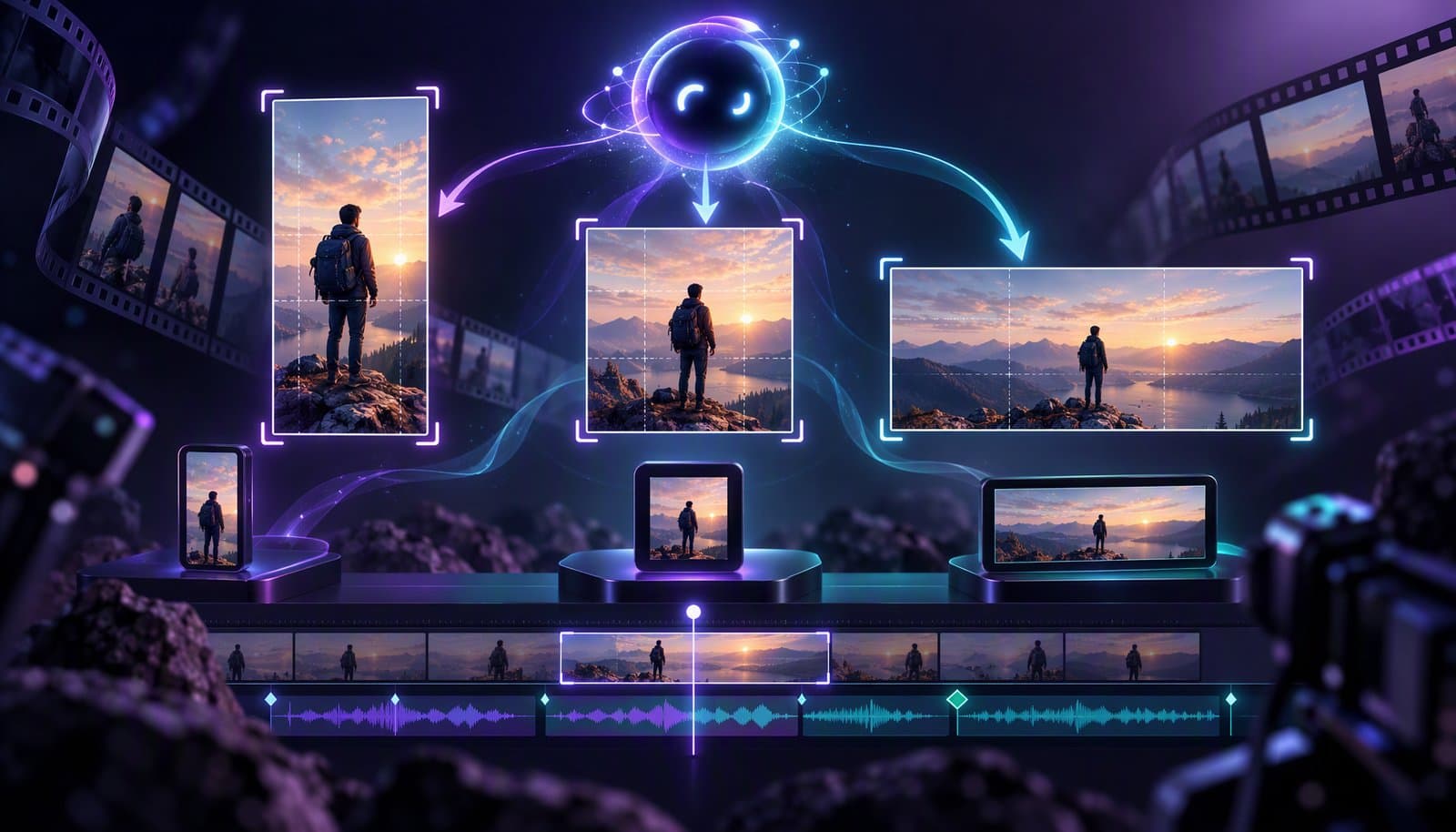 Editorial illustration for AI Video Cropping Tools 2026: Auto-Reframe for 9:16, 1:1 & 16:9