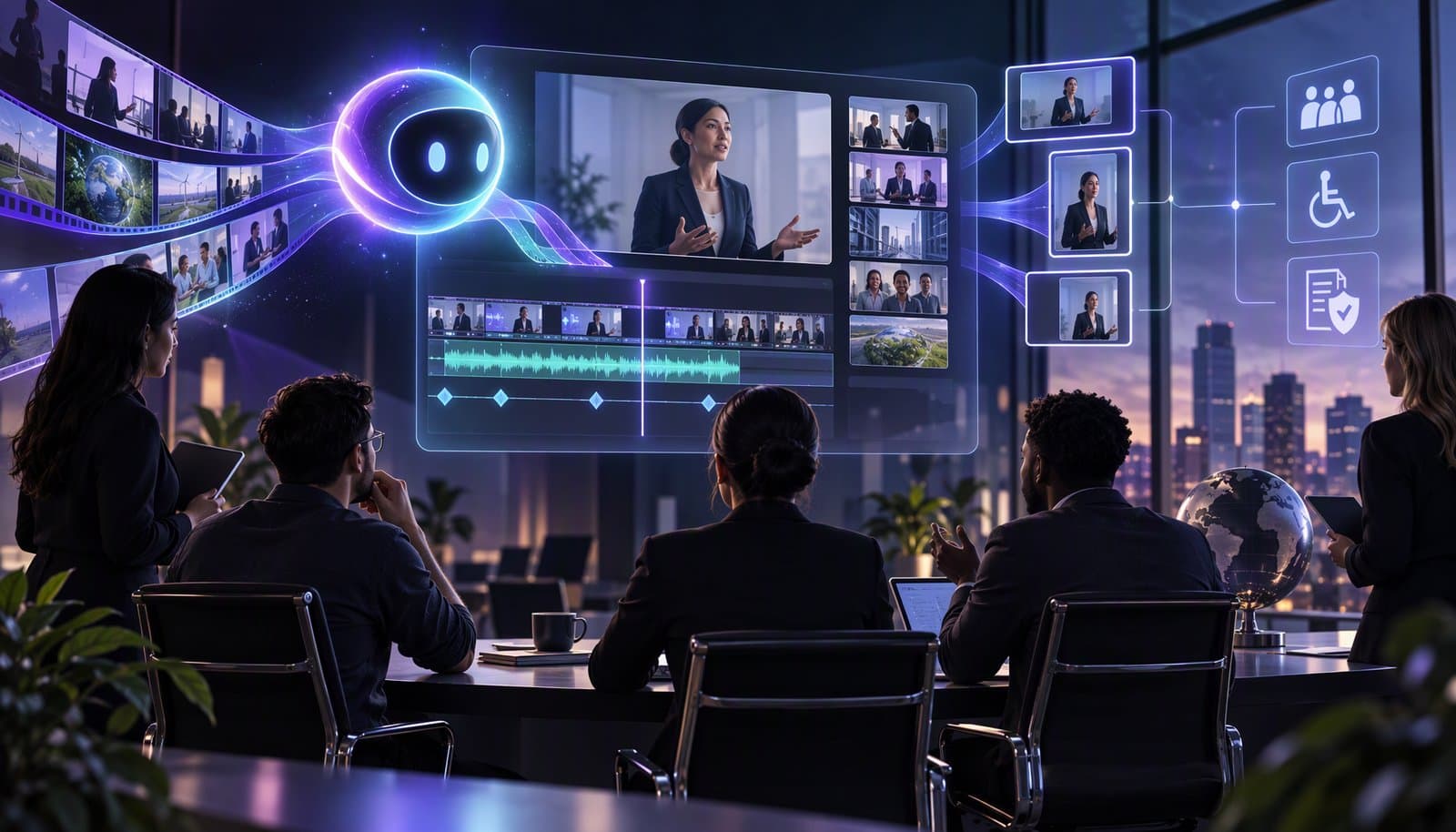 Illustration of a corporate communications team reviewing a captioned leadership video on a shared editing timeline.