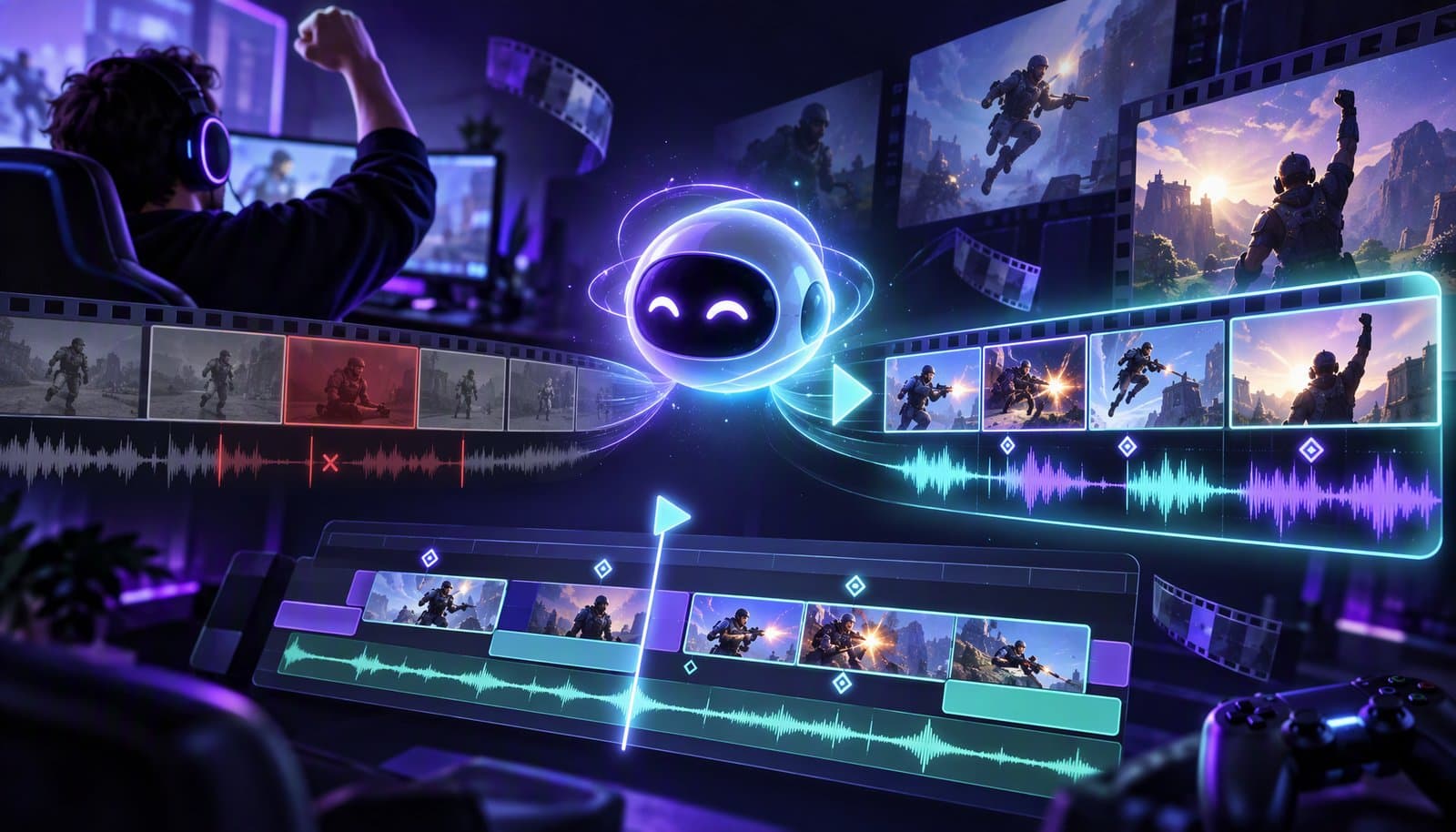 Editorial illustration for AI Video Editing for Gamers: Auto-Cut Gameplay, Remove Dead Air & Sync Sound