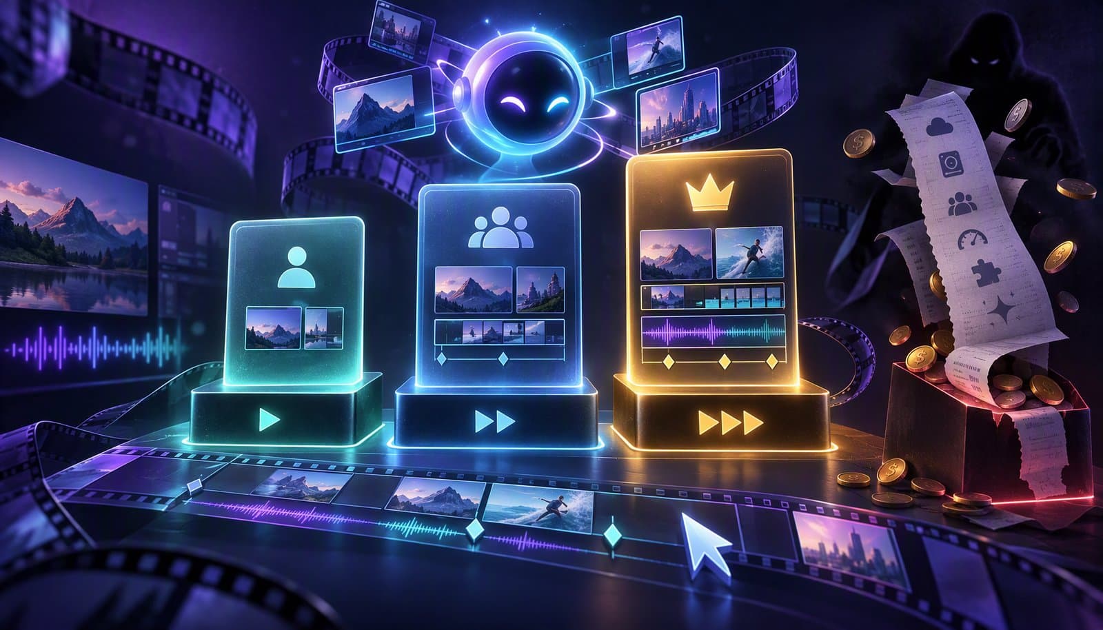 Editorial illustration for AI Video Editor Pricing (2026): Free Plans, Paid Tiers & Hidden Costs Compared