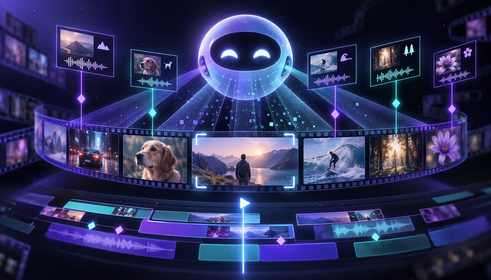 Illustration of an AI model sampling frames from a video timeline and labeling scenes, objects, on-screen text and speech with timestamps.