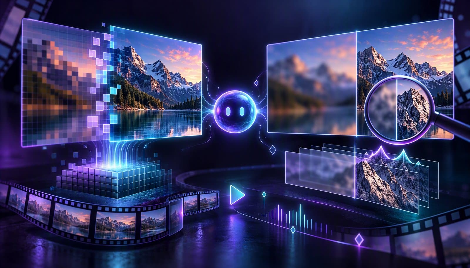 Pixelated, softened, and detailed mountain frames illustrate resizing, sharpening, and video enhancement.