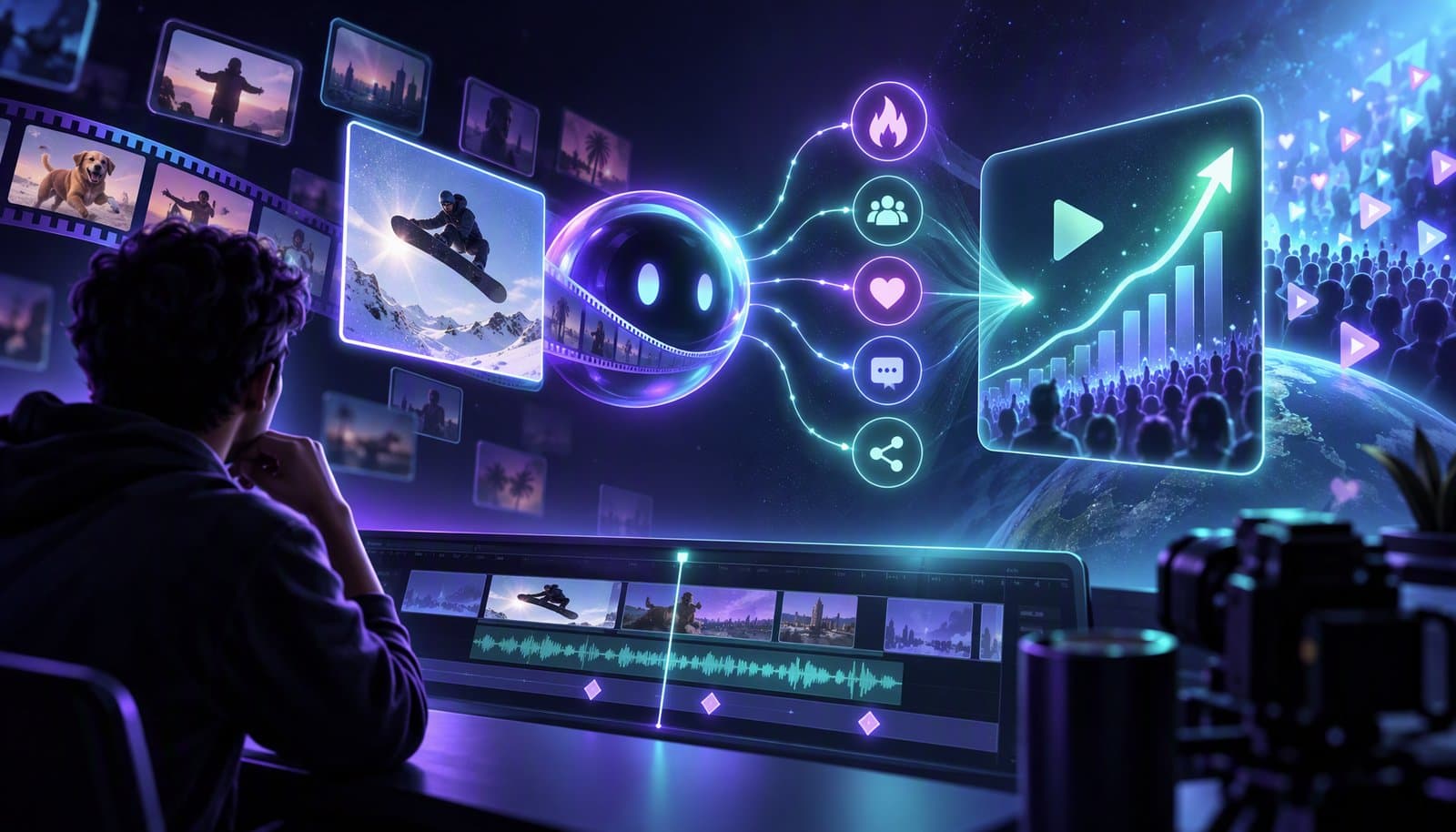 An editor compares candidate video clips, audience signals, and a rising chart beside an AI assistant.