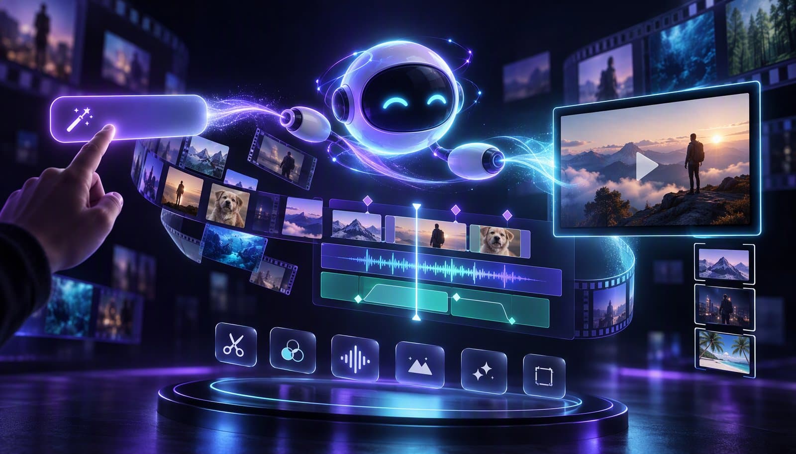 Illustration of an AI agent orchestrating a video timeline from a text prompt, representing AI video editing agents.