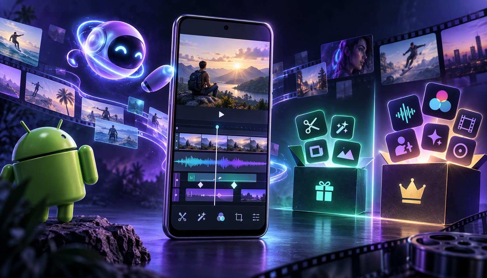An Android phone in a hand shows a vertical video being edited with auto captions, with a laptop open to the same project in the background.