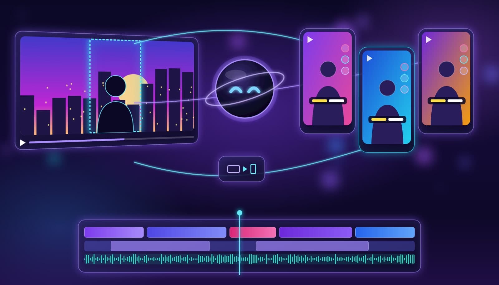 Illustration of a vertical 9:16 phone frame with captions, representing AI editing for Shorts, Reels, and TikTok
