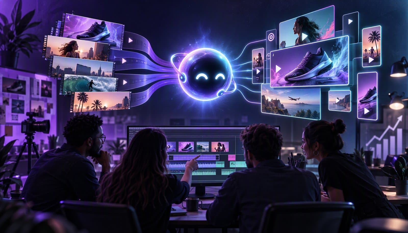 A marketing team reviews a grid of short video ad variants in different aspect ratios on a large monitor, with a brand color palette pinned beside it.