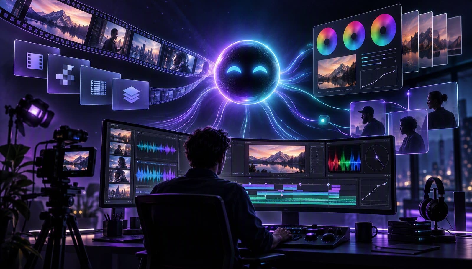 Editorial illustration for Best AI Video Editors for Professionals (2026): Codecs, Color, Collaboration & Control
