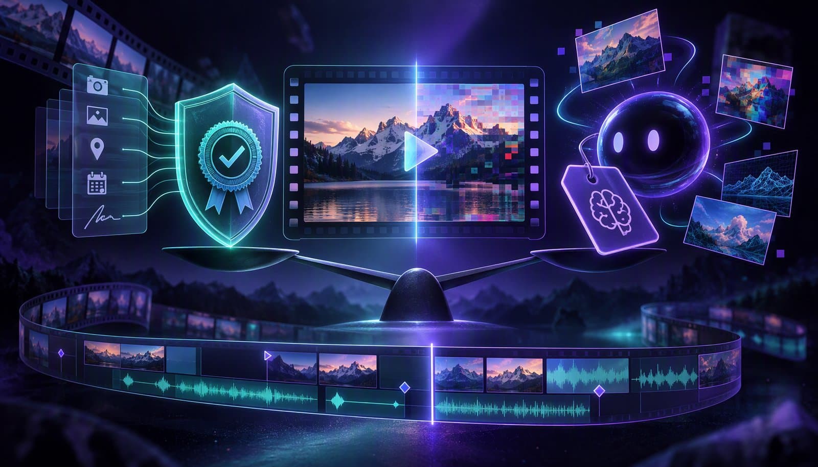 A video frame is linked to a signed history record, a verification shield, and related media files.
