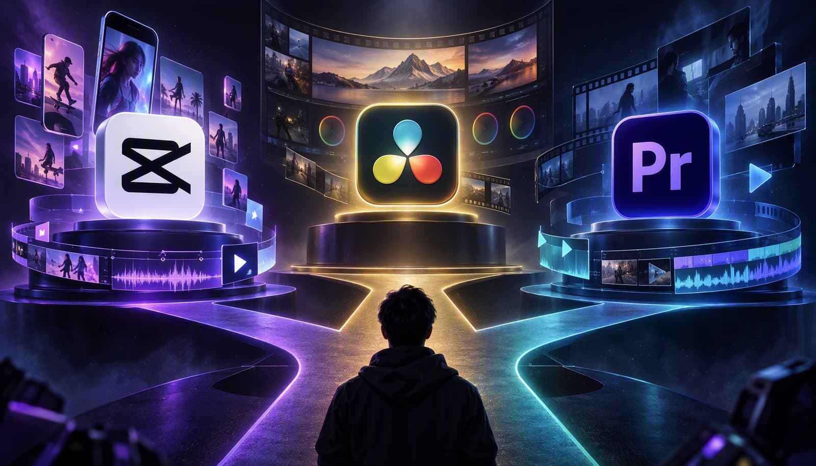 Editorial illustration for CapCut vs DaVinci Resolve vs Premiere Pro: Which Should You Use in 2026?