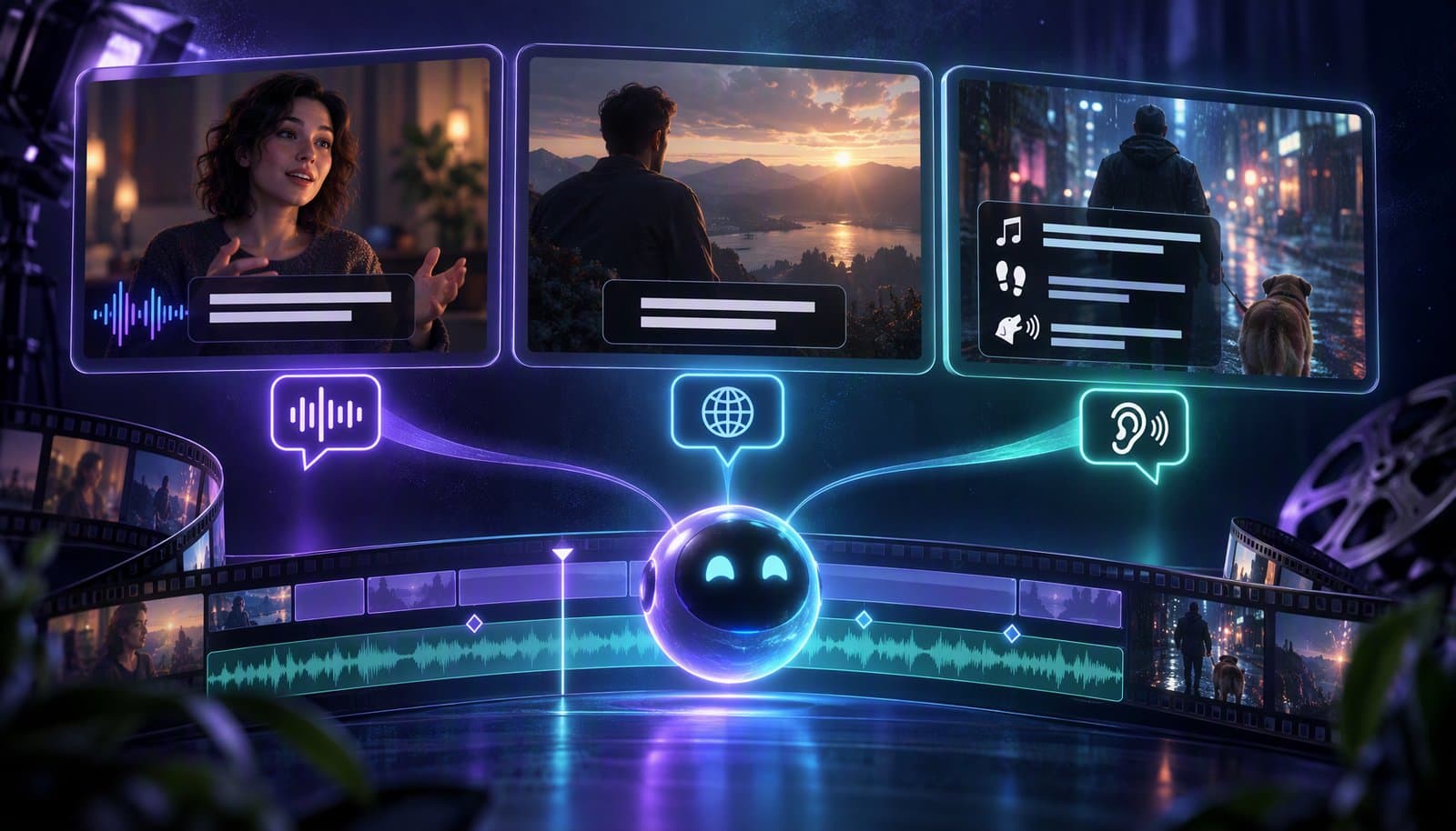 Three video panels illustrate dialogue text, translation, and meaningful sounds above a caption timeline.