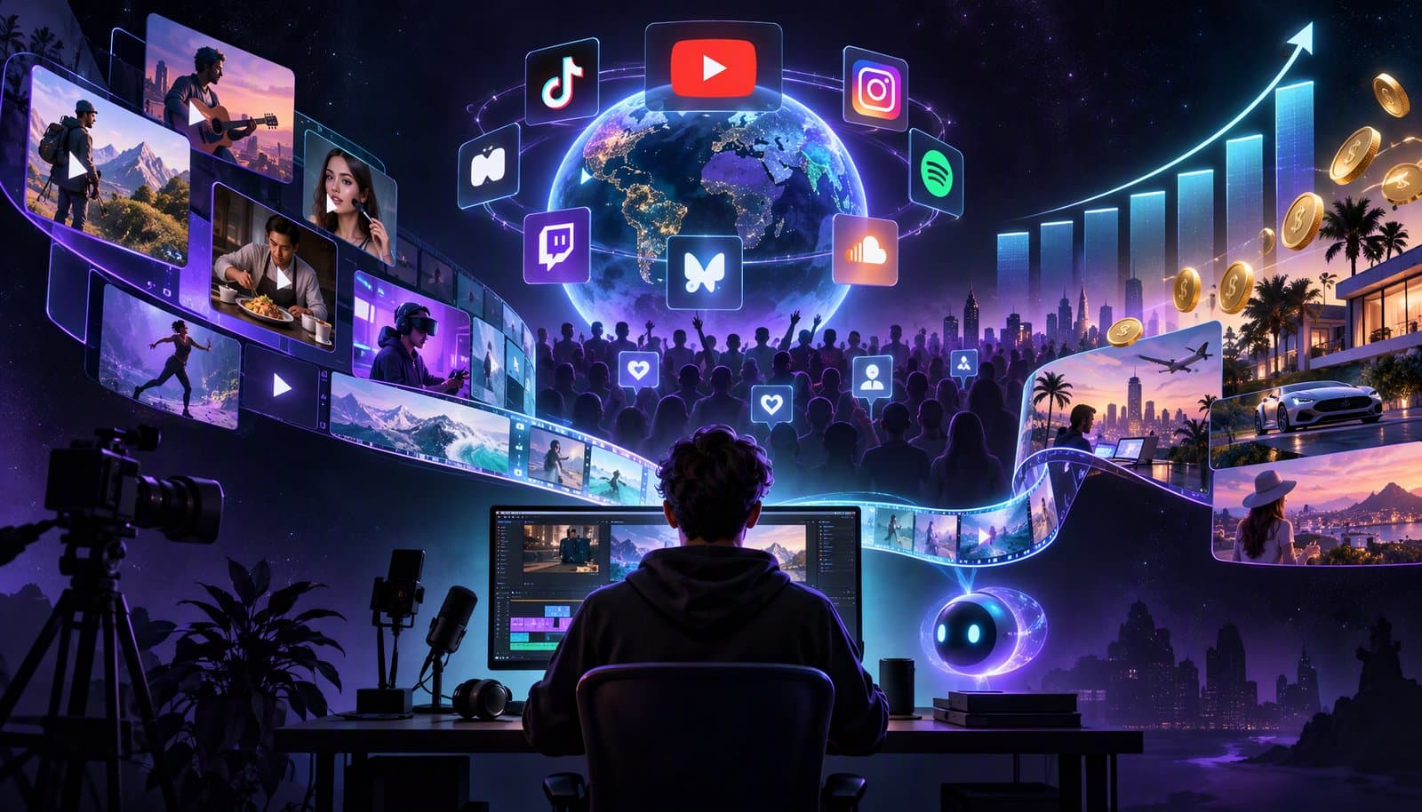 Illustration of creators on different video platforms connected to revenue streams such as ads, brand deals, memberships and products, representing the creator economy in 2026.