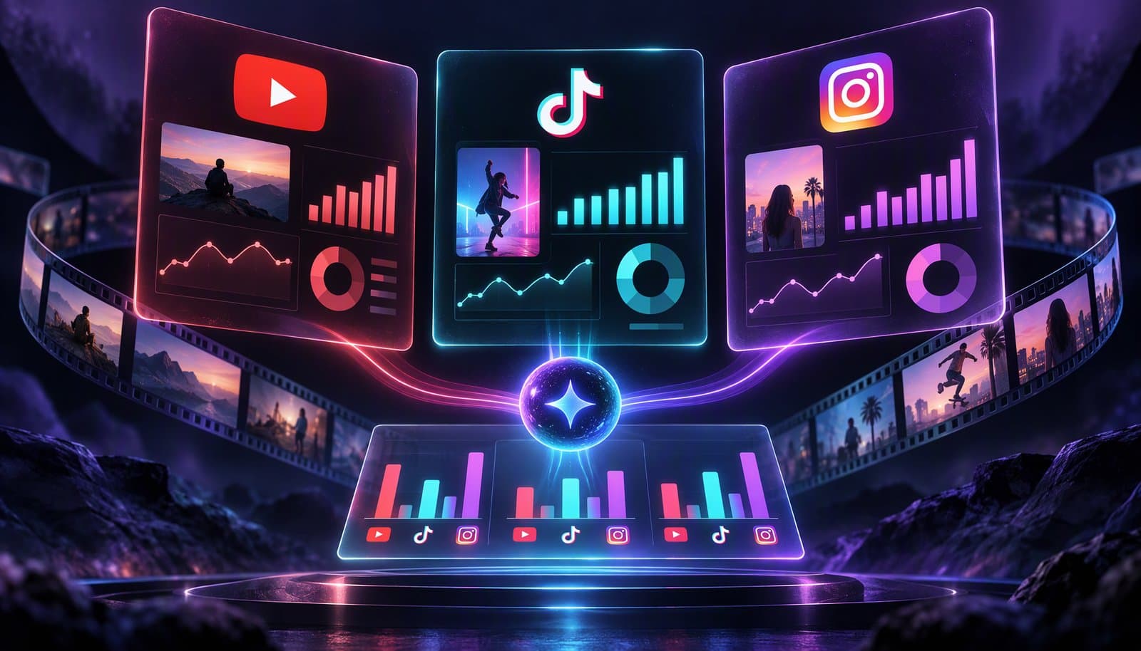 Illustration of view and engagement metrics from YouTube, TikTok, Instagram and LinkedIn flowing into one spreadsheet of normalized rates.