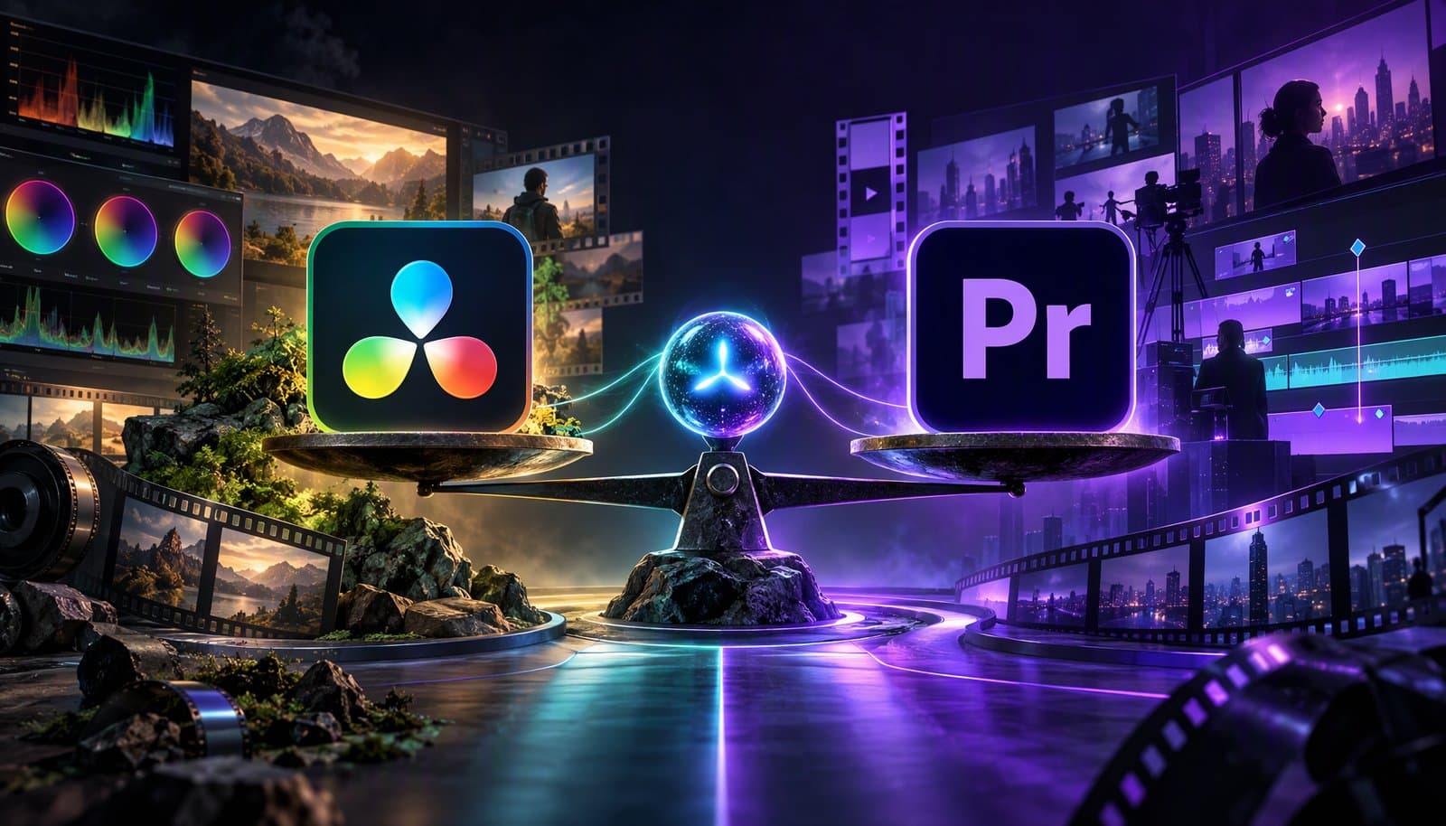 Two editing workstations side by side, one showing a node-based color grading graph and the other a multi-track editing timeline.