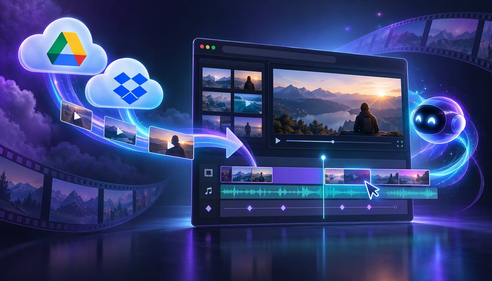 Illustration of video files moving from Google Drive and Dropbox folders into a browser-based video editor timeline.