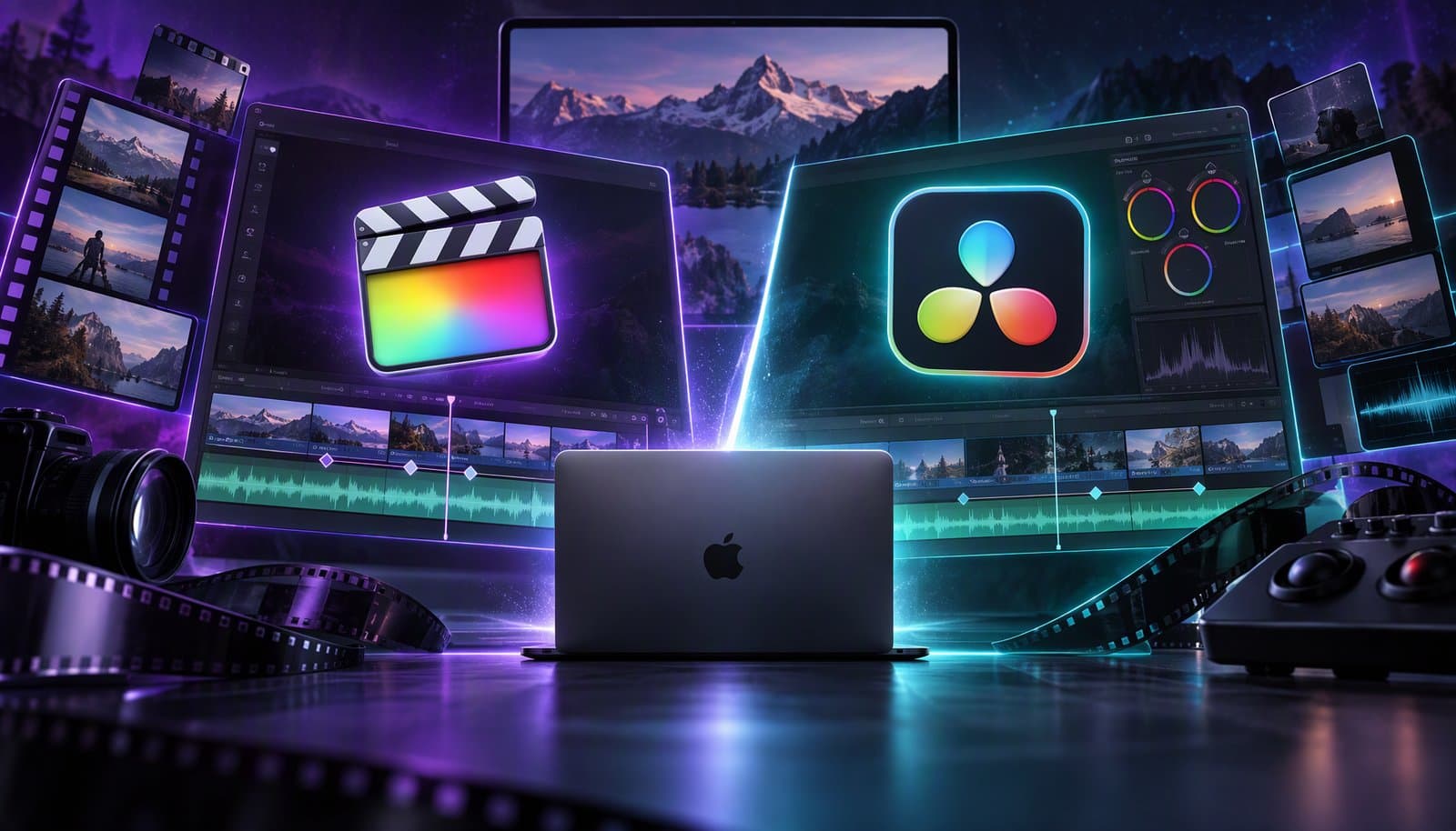 A laptop showing a magnetic-style editing timeline next to a second screen with a node-based color grading layout.