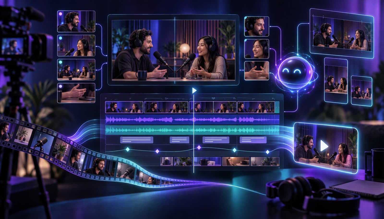 Illustration of a two-person video podcast with multicam angles, waveforms and captions, representing a video podcast editing workflow.