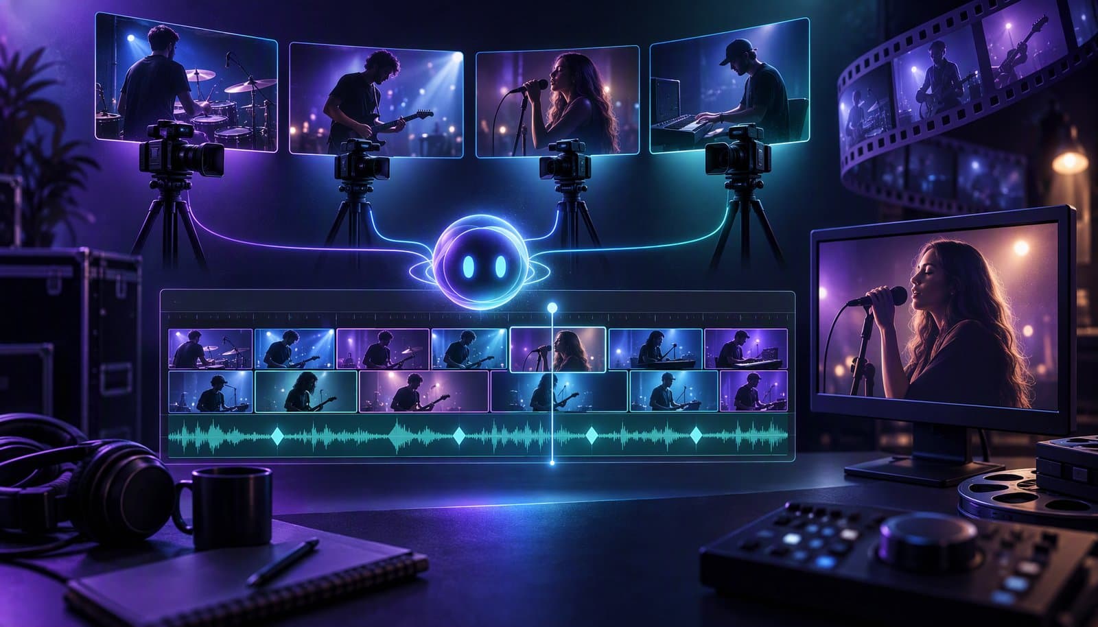 Illustration of a four-angle multicam viewer above an editing timeline with synced audio waveforms, representing a multicam editing workflow.