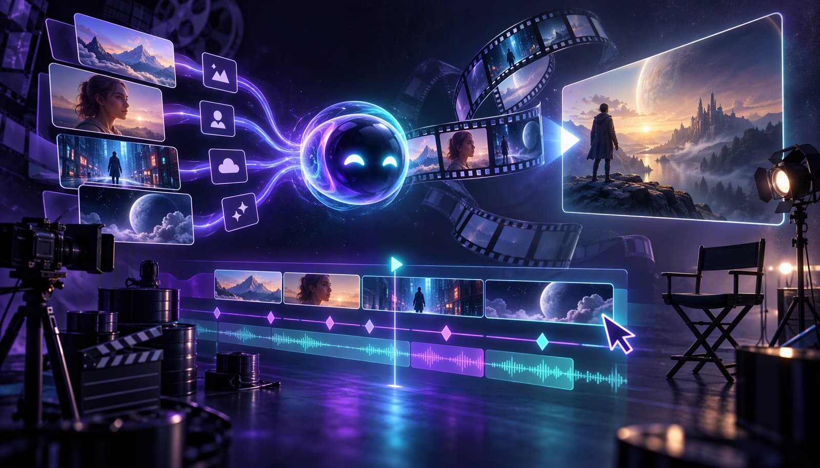 Illustration of an AI short film workflow, from a script and storyboard frames to generated shots, a voice track and an editing timeline.