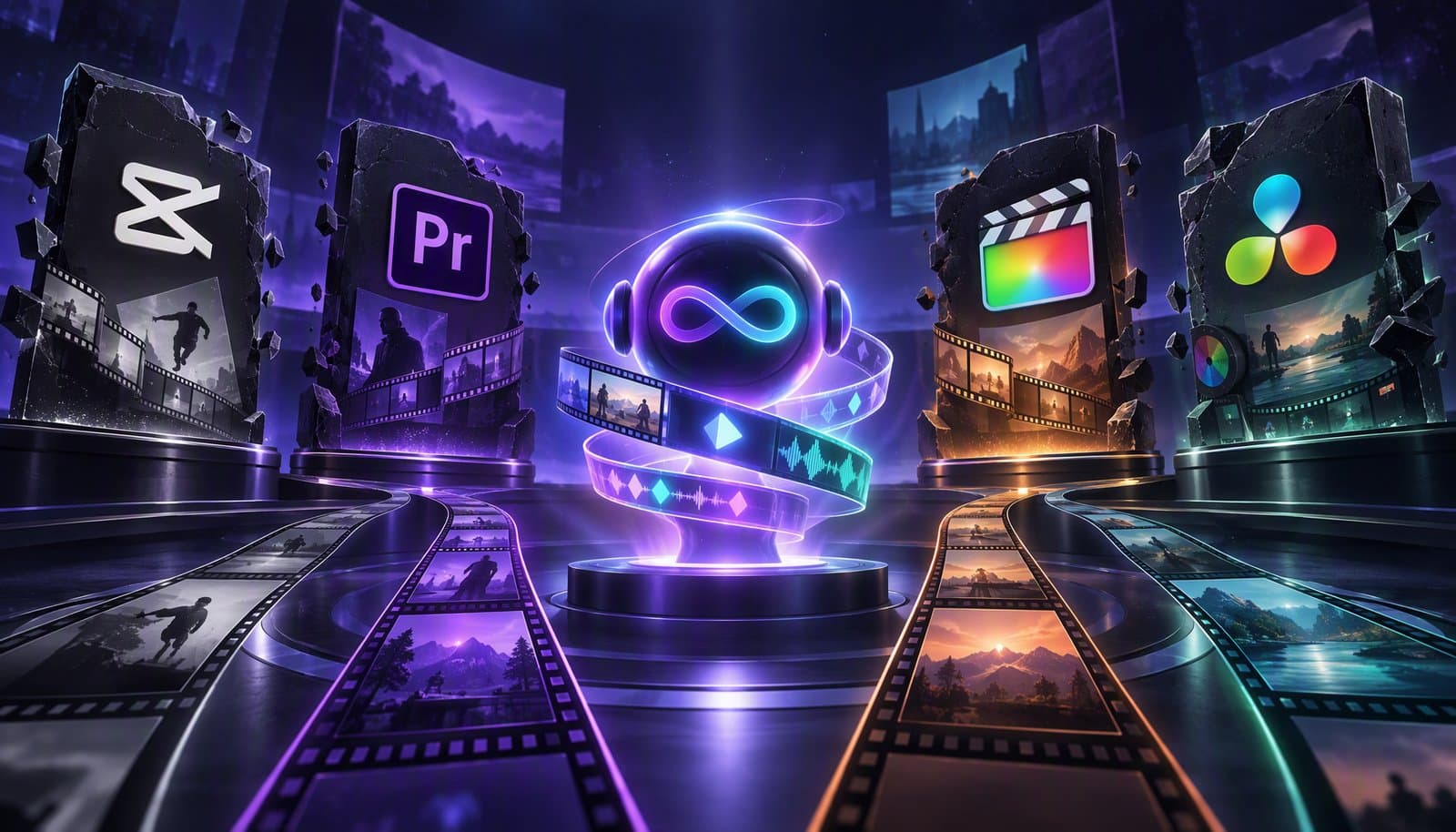 Editorial illustration for Loopdesk vs the Big Four: CapCut, Premiere Pro, Final Cut Pro & DaVinci Resolve Compared (2026)