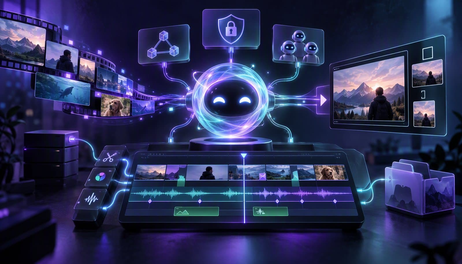 An AI assistant connects media files, editing tools, permissions, and a multitrack video timeline.