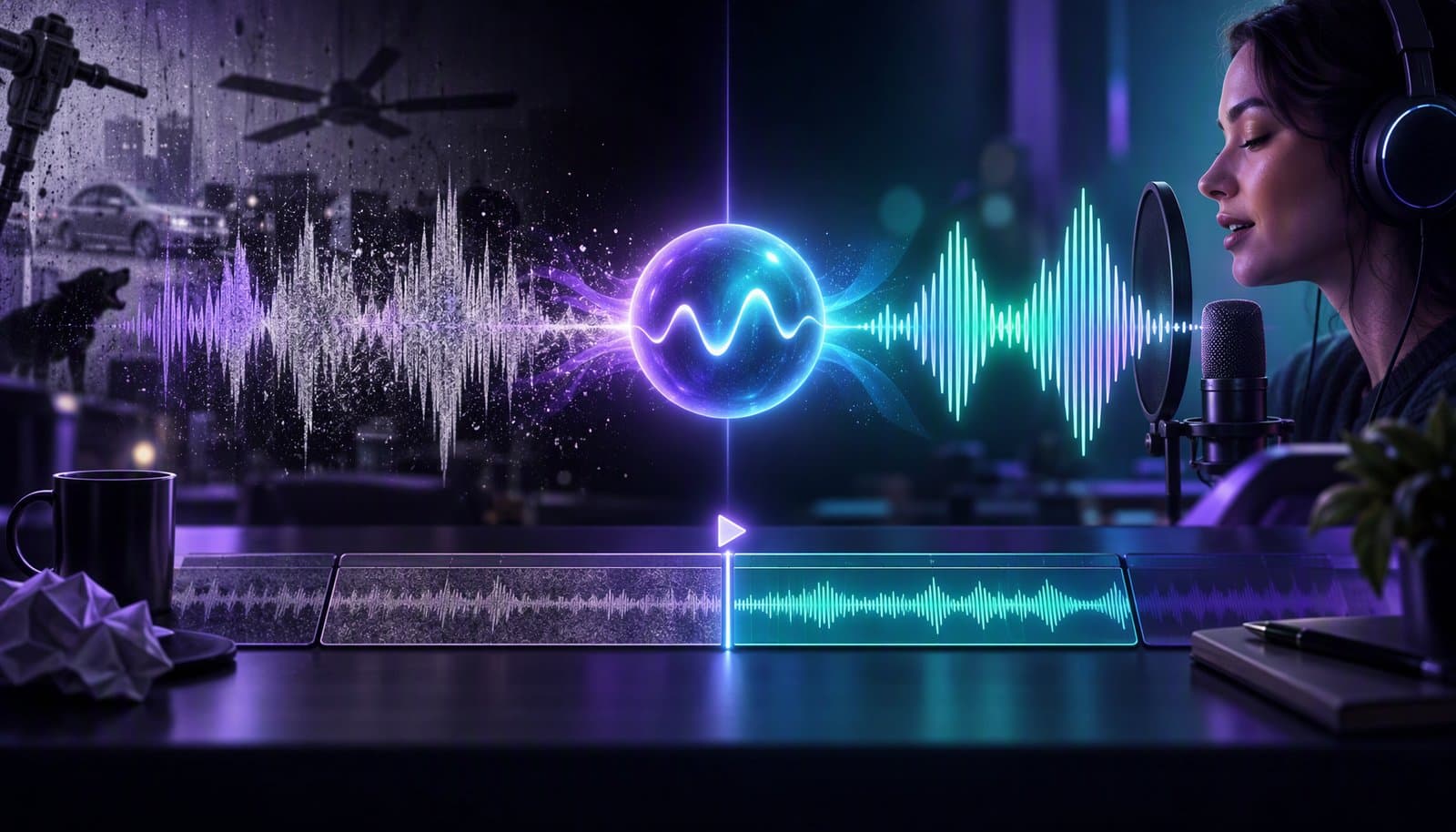 A noisy waveform and reverberant room transition into a clearer speech waveform beside a recording setup.