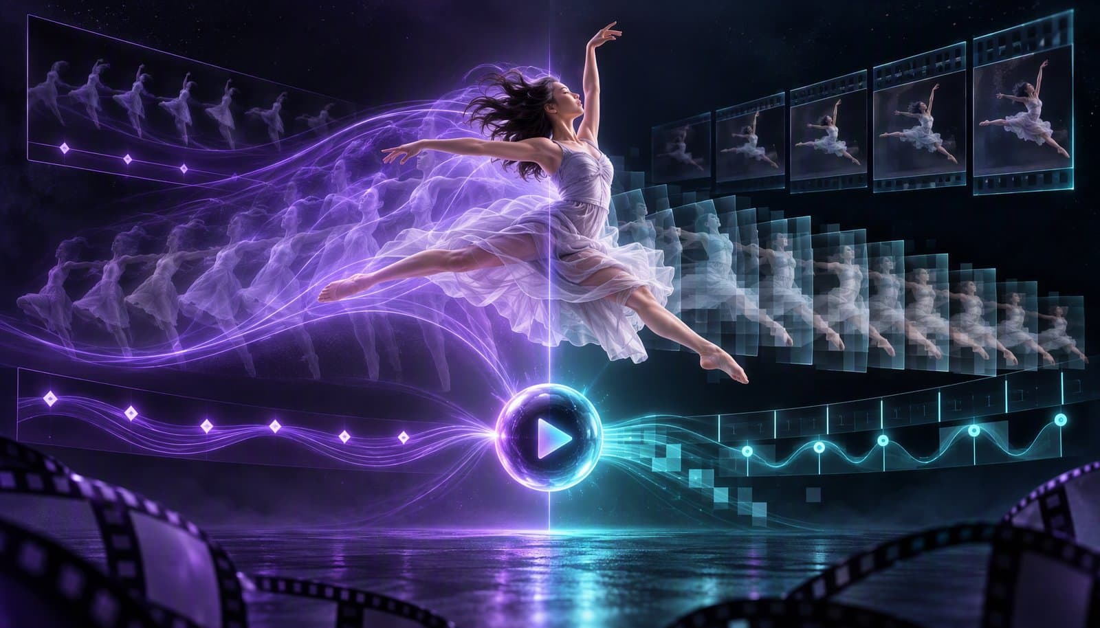 A dancer's movement is shown as blended silhouettes and separate frames along two retiming paths.