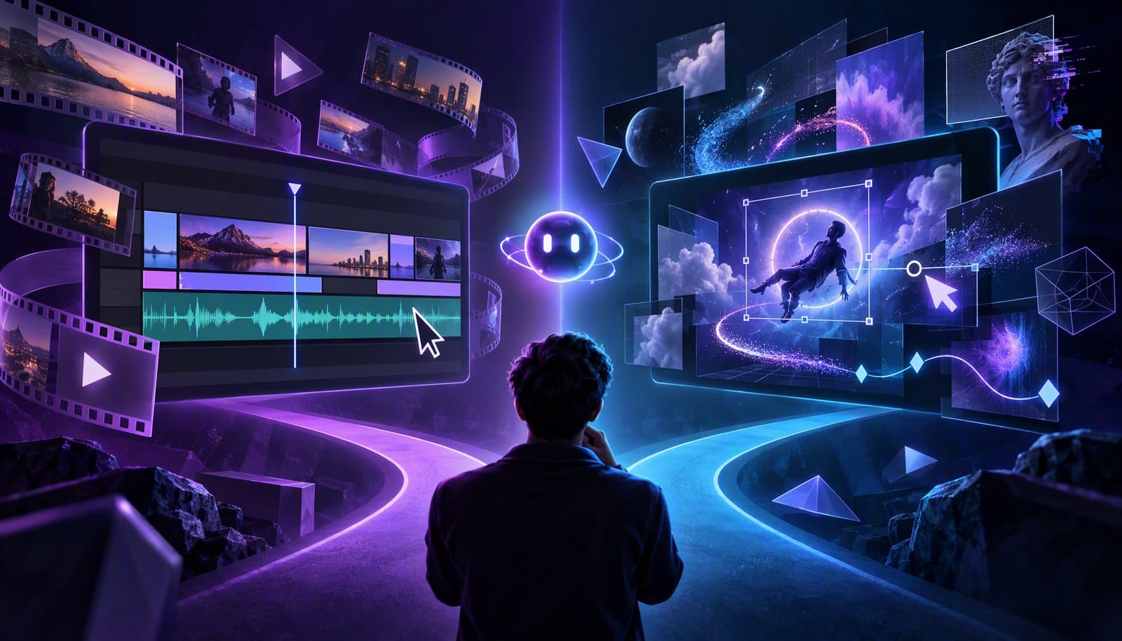 Illustration contrasting a track-based video editing timeline with a layered motion graphics composition, representing Premiere Pro versus After Effects.