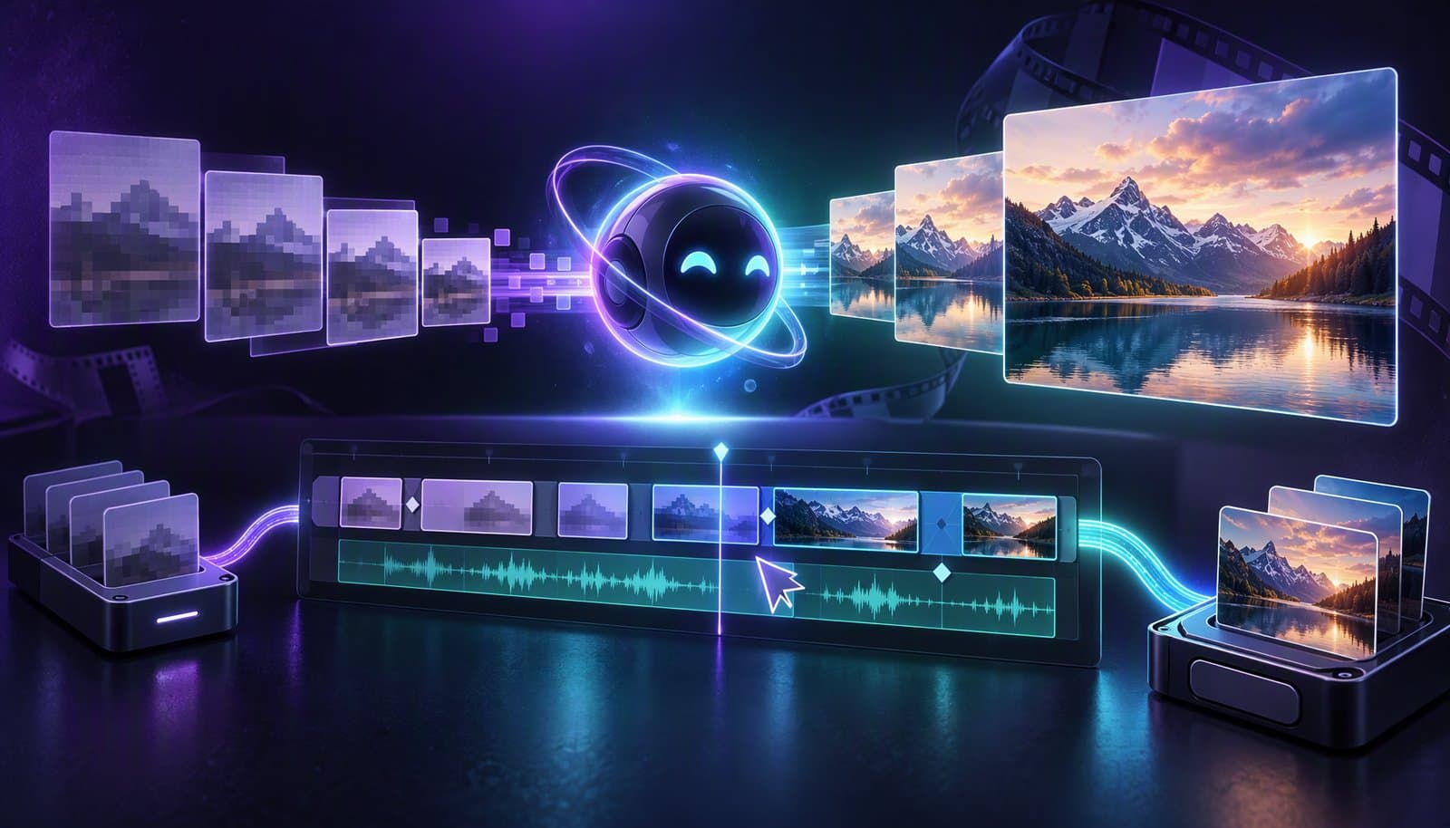 Small lightweight video copies connect to a larger full-detail landscape frame and an editing timeline.