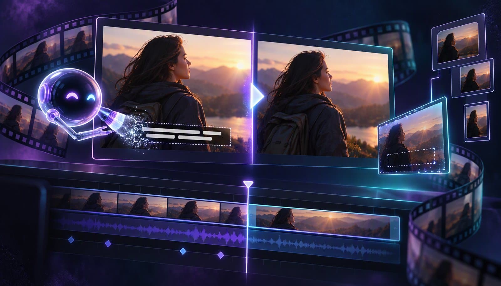 A video frame with a band of burned-in subtitles being masked and erased, showing the background rebuilt behind the text.