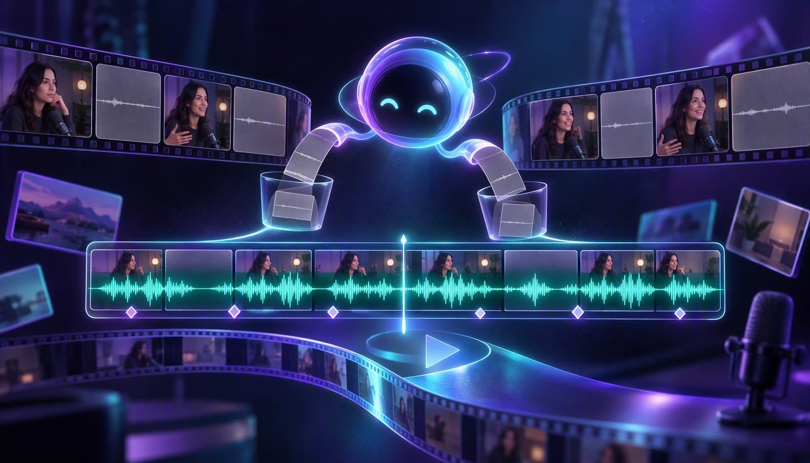 A video timeline with speech waveforms and pause gaps beneath interview clips, guided by an AI orb.
