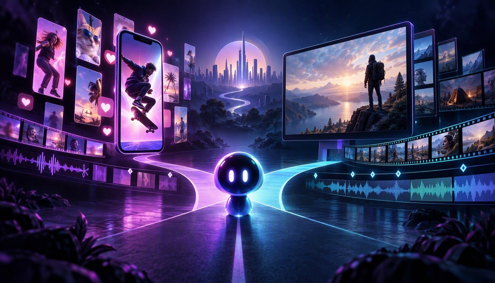 Illustration of a horizontal 16:9 video timeline split into several vertical 9:16 clips, representing long-form video repurposed into short-form.