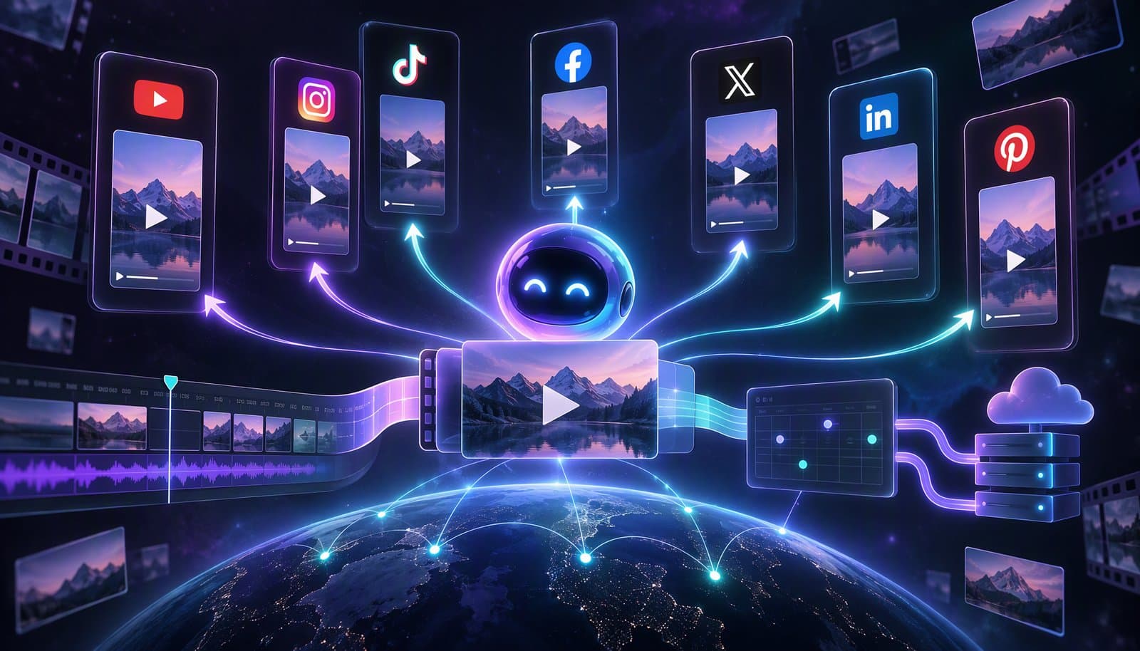 Illustration of one finished video file branching out to several social platform upload screens, representing social media publishing.