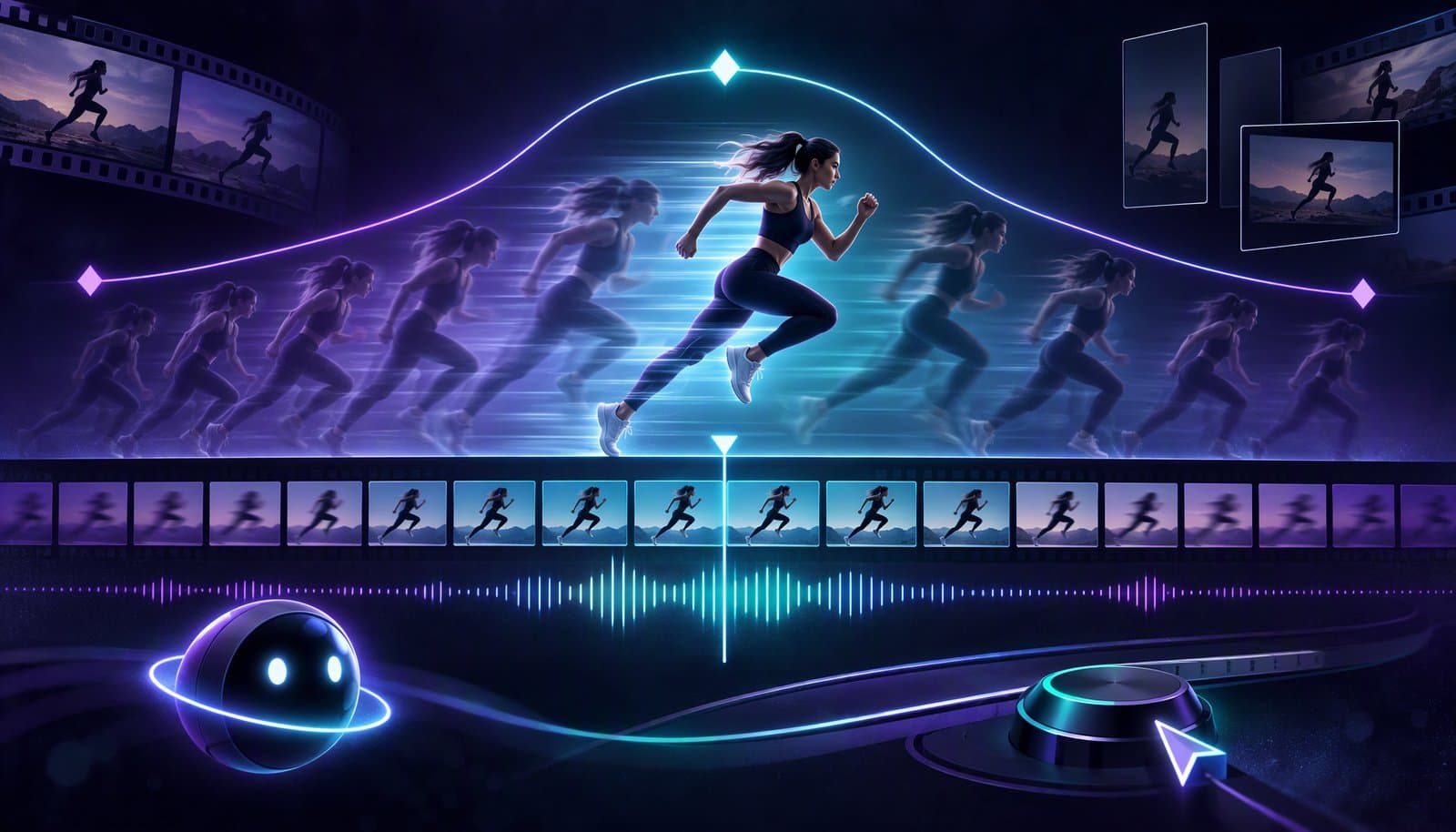 A skateboarder captured mid-jump as a sequence of frames that bunch together and spread apart, illustrating a speed ramp from normal speed into slow motion.
