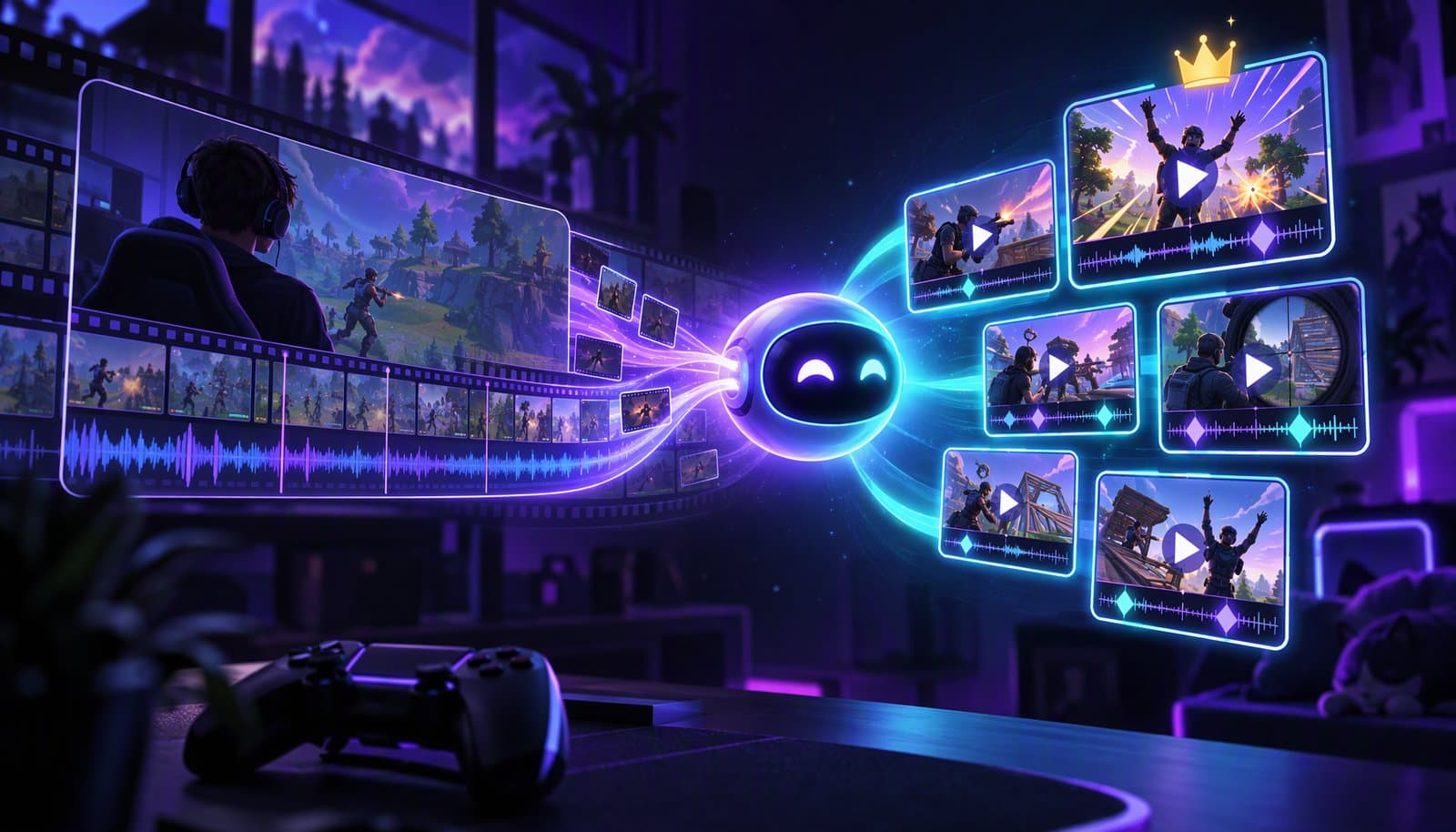 Illustration of a long stream VOD timeline with chat and audio spikes marked, feeding vertical highlight clips with a facecam above gameplay.