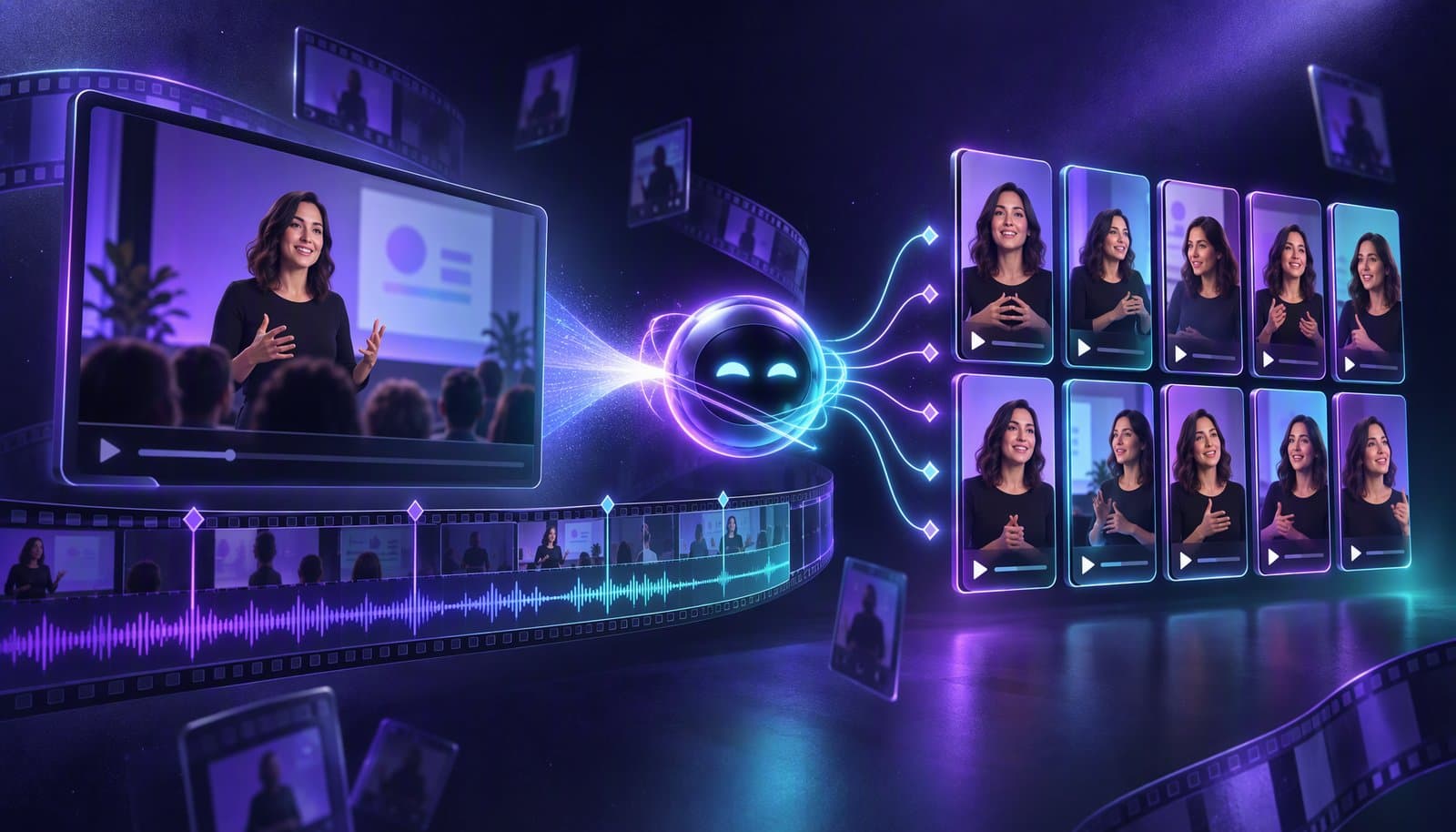 Illustration of a widescreen webinar recording with a presenter and slide being cut into a row of ten captioned vertical clips
