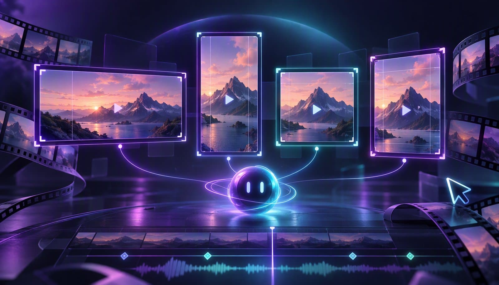 Illustration of nested 16:9, 9:16, 1:1 and 4:5 frames over the same shot of a speaker, comparing common video aspect ratios.