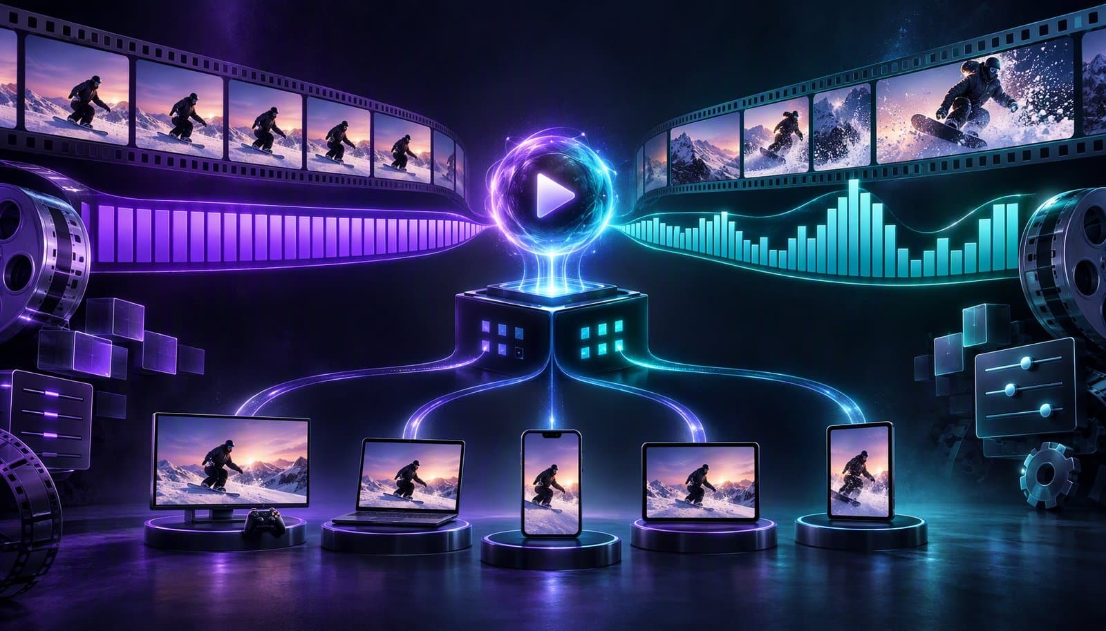 Illustration of a video stream as data blocks flowing at constant and variable rates, representing CBR vs VBR video bitrate.