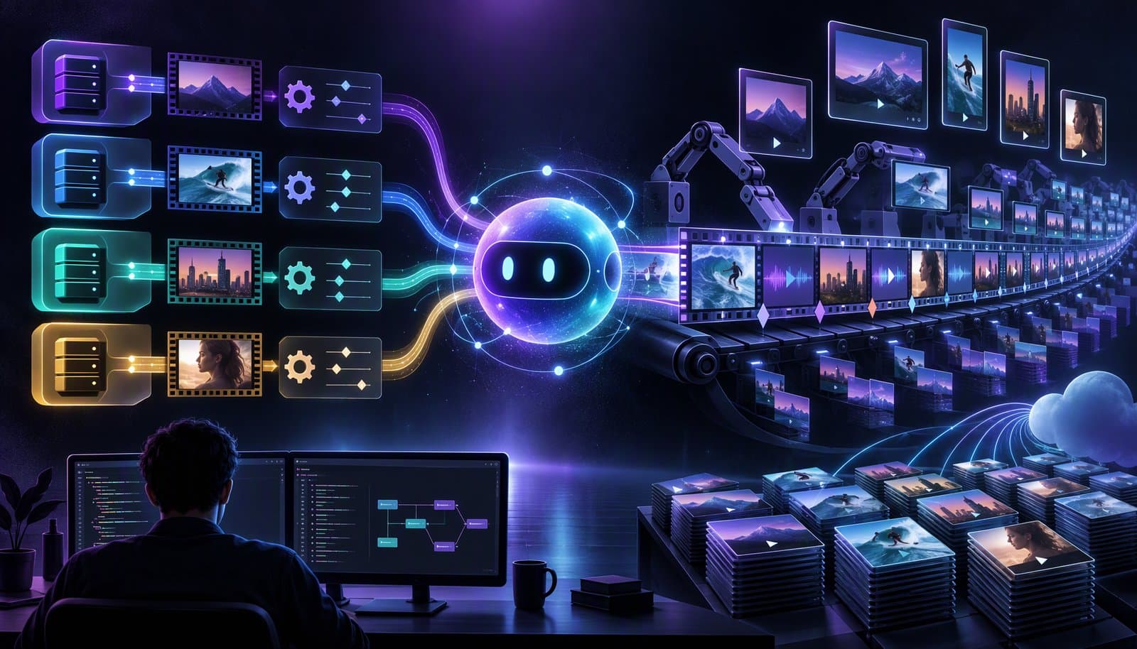Illustration of many video files flowing through parallel API render queues into finished clips.