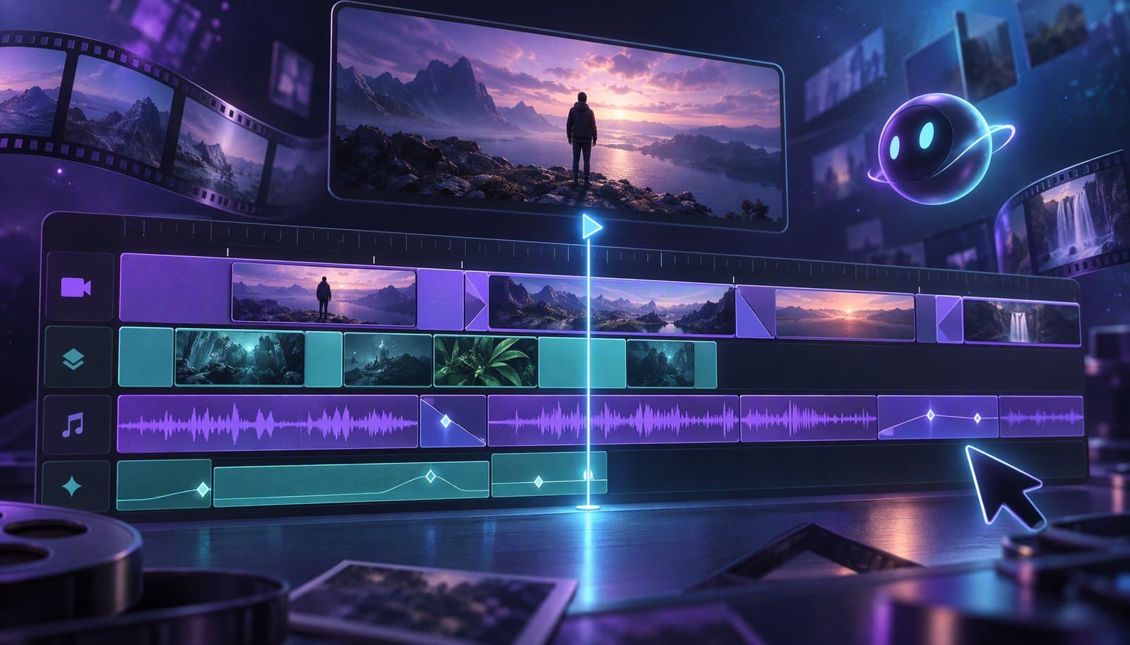 Illustration of a video editing timeline with stacked video and audio tracks, colored clips and a vertical playhead, representing the parts of an editing timeline.