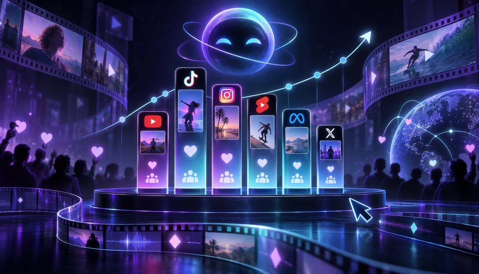 Illustration of engagement rate benchmarks compared across TikTok, Instagram, YouTube and LinkedIn, with likes, comments and shares feeding a percentage gauge.