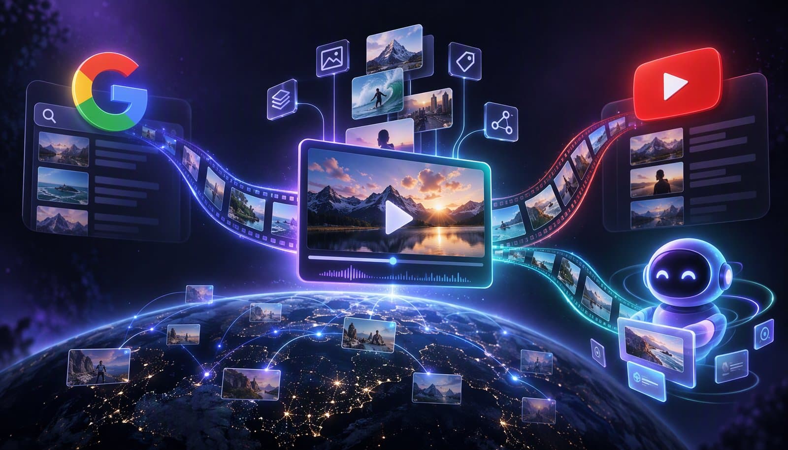 Illustration of a video thumbnail surrounded by search results and AI answer cards, representing video SEO for Google, YouTube and AI answers.