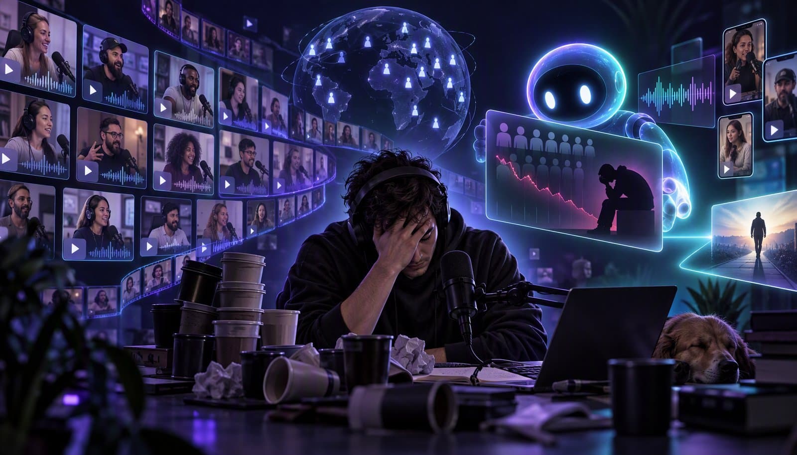 Editorial illustration for We Interviewed 250 Podcasters and Audited Their Channels. Here's the Brutal Truth About Creator Burnout in 2026.