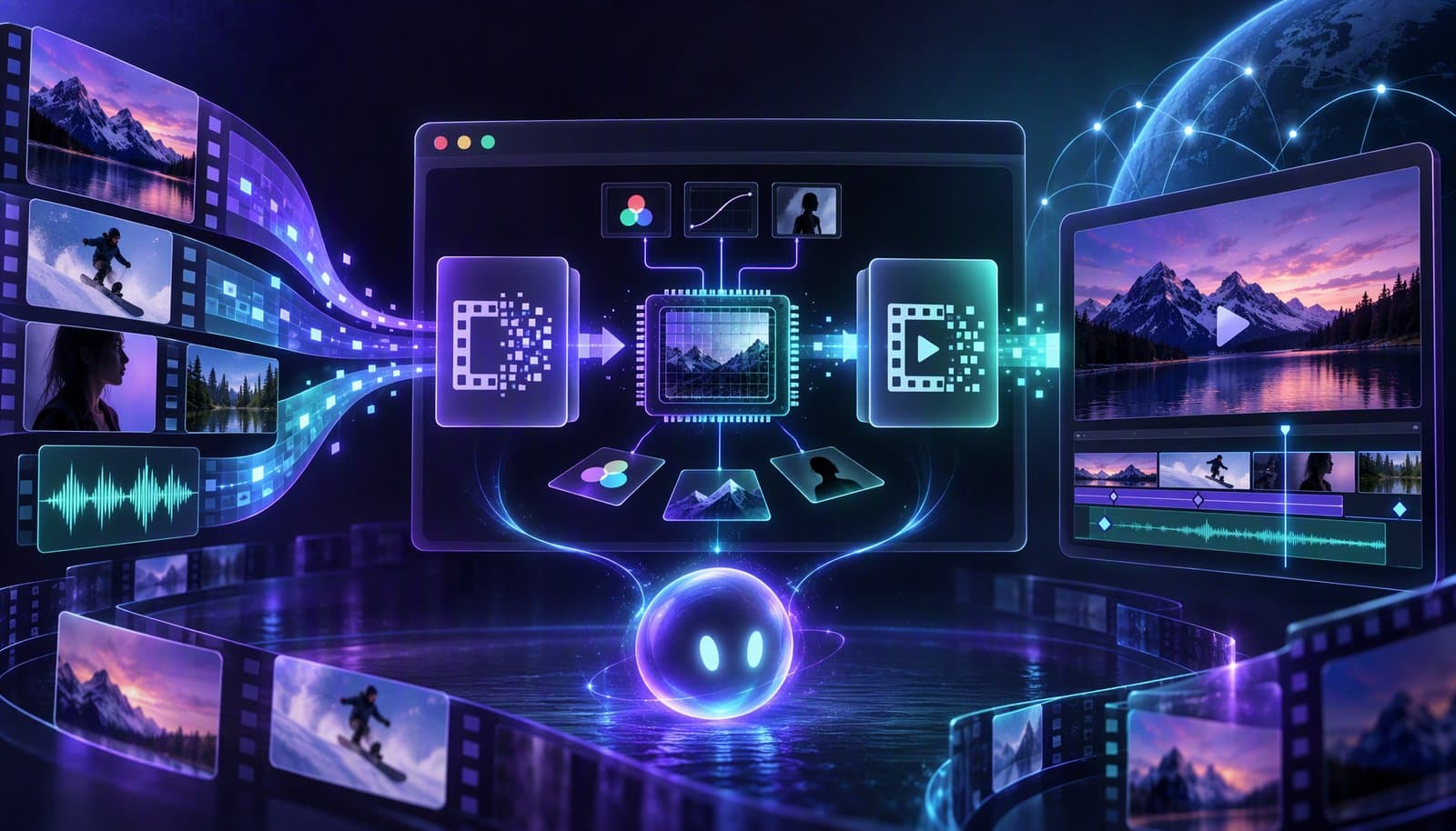 Illustration of a browser window decoding and encoding video frames, representing the WebCodecs API in browser video editors.