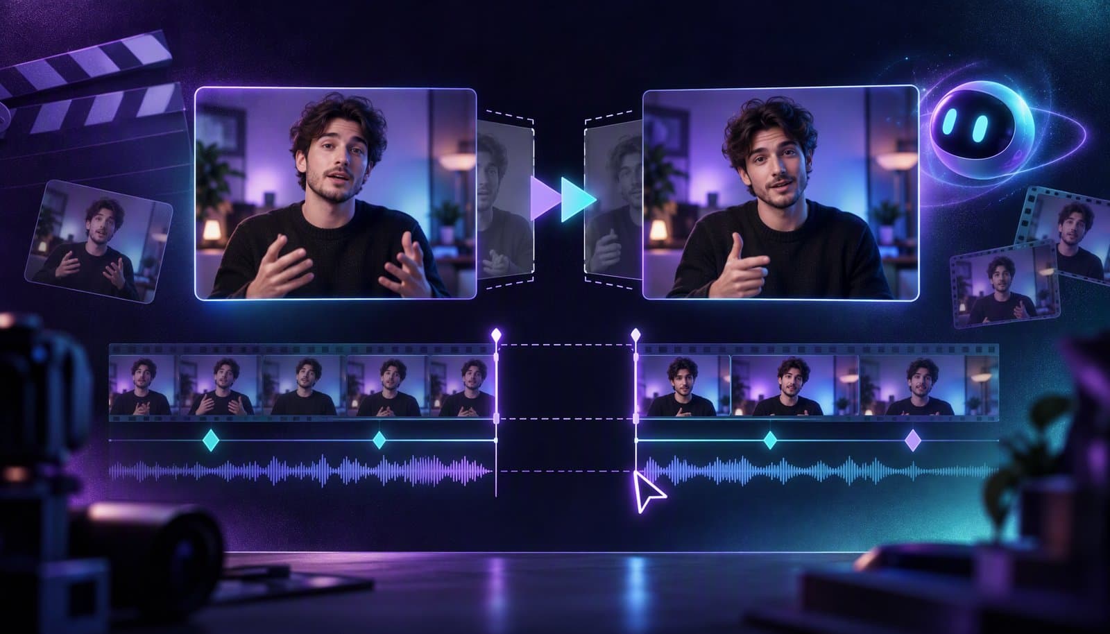 Illustration of two consecutive frames of a talking-head video in which the speaker's position shifts between cuts, representing a jump cut.