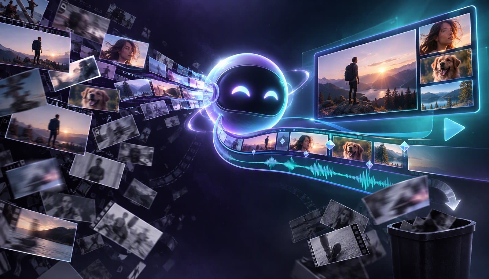 Illustration of four stacked levels of automatic video editing, from a single silence-removal cut to an AI agent planning a full timeline from a text brief.