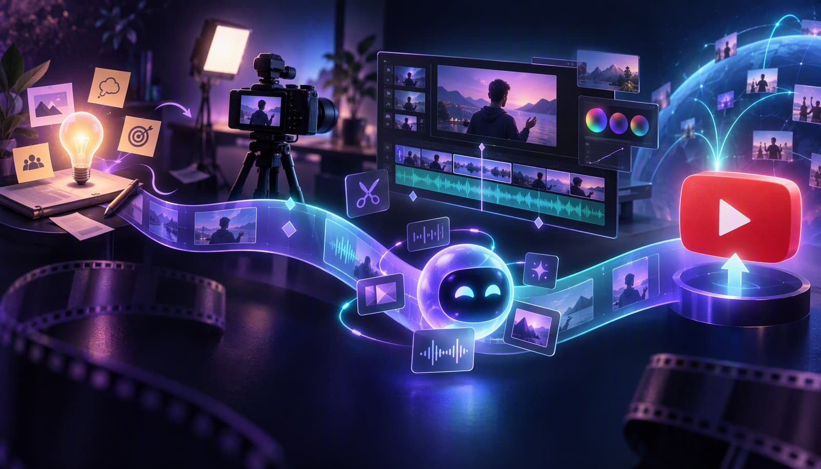 Illustration of a YouTube video moving through production stages, from a notebook of ideas to a camera, an editing timeline, a thumbnail and an analytics chart.