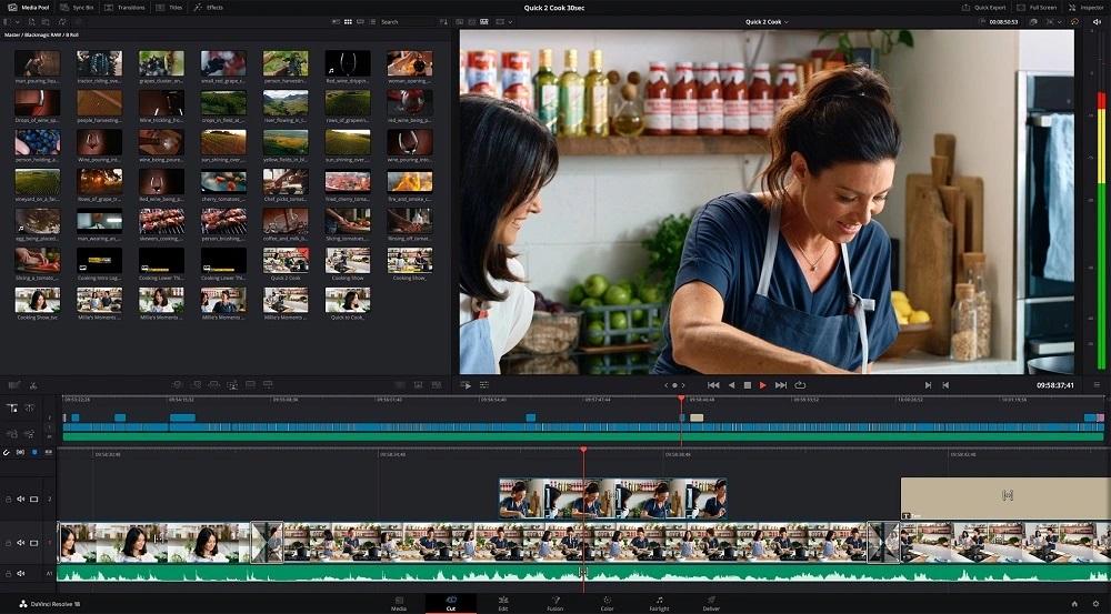 DaVinci Resolve professional video editing interface showing complex media browser, timeline with multiple tracks, and advanced editing tools requiring manual operation
